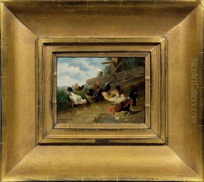 Huhnerschar Mit Hahn Ambrunnen Oil Painting by Max I Hanger