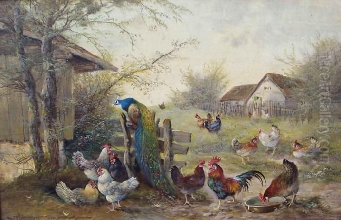Huhnerhof Mit Einem Pfau Oil Painting by Max I Hanger