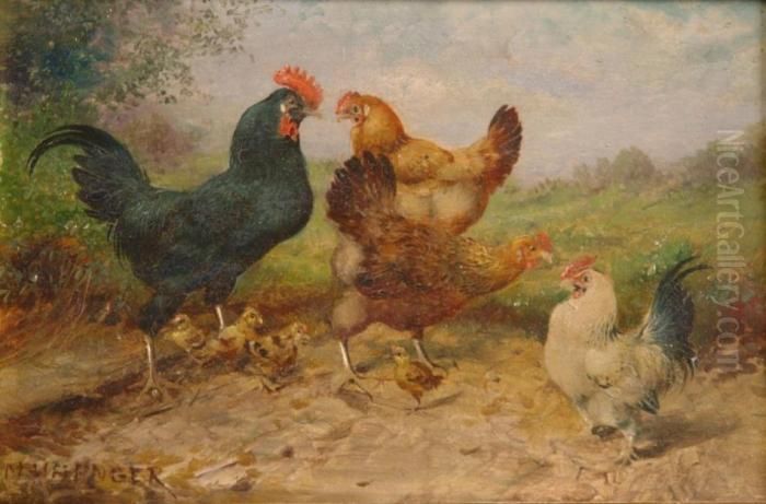 Poultry In The Green Oil Painting by Max I Hanger