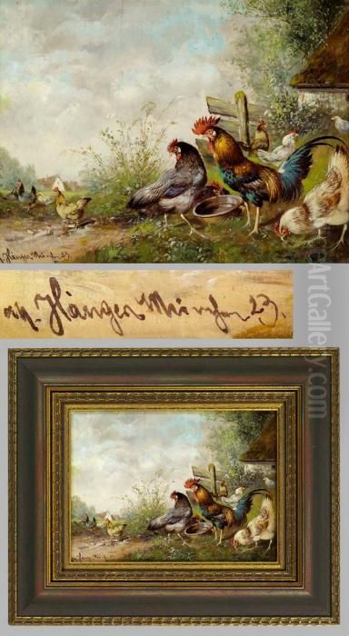 Huhner Und Hahn In Dorflandschaft Oil Painting by Max I Hanger