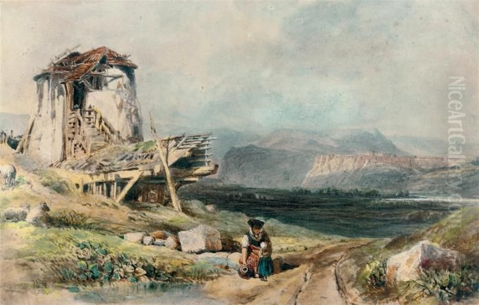 A Mother And Child On A Path By A Ruined Mill, In The Highlands Oil Painting by James Duffield Harding