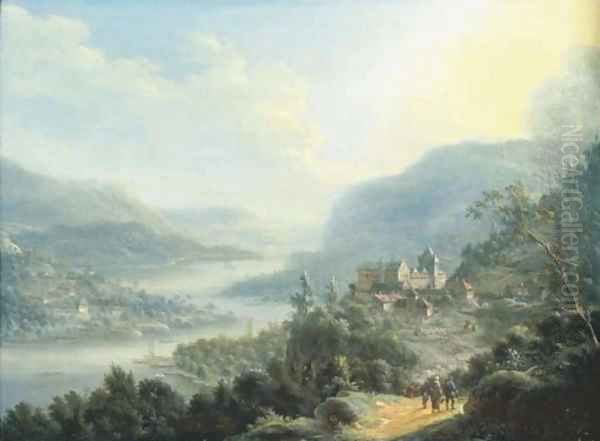 An extensive Rheinish landscape with travellers on a road by a castle Oil Painting by Johann Christian Vollerdt or Vollaert