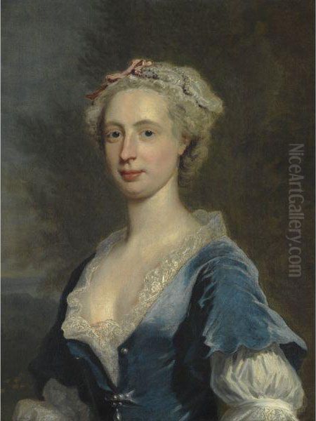 Portrait Of A Lady, Wearing A Blue Dress And Lace Collar Oil Painting by Joseph Highmore