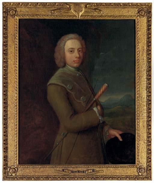 Portrait Of A Gentleman, 
Three-quarter-length, In A Brown Coat, Holding A Riding Crop And Hat Oil Painting by Joseph Highmore