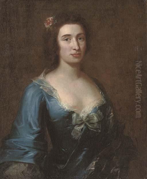 Portrait Of A Lady, Half-length,
 In A Blue Dress With Lace Trim And A Bow, Flowers In Her Hair Oil Painting by Joseph Highmore
