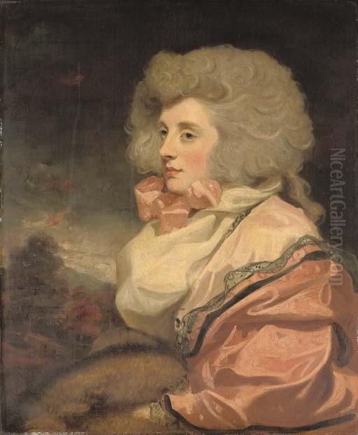 Portrait Of A Lady, Half-length,
 Seated In A Pink Dress, White Scarf And Pink Neck-tie, With A Fur Muff,
 In A Landscape Oil Painting by John Hoppner