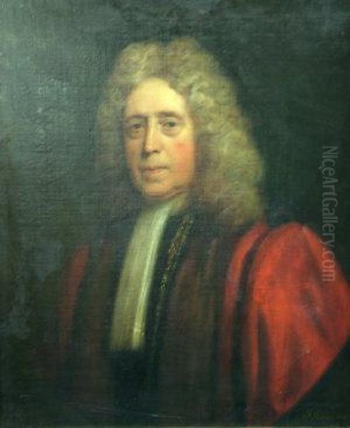 Portrait Of A Gentleman 
Traditionally Held To Be Sir John Shorter, Quarter-length In A Red Coat,
 Feigned Vignette Oil Painting by Sir Godfrey Kneller