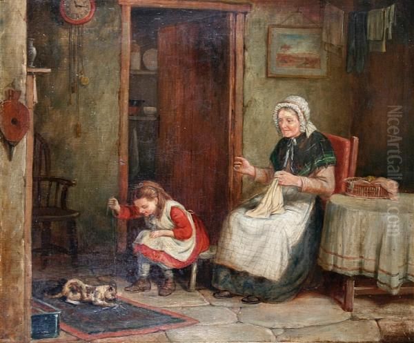Cottage Interior With Young Girl
 Playing With A Kitten And A Lady Sewing Seated By A Table Oil Painting by Mark W. Langlois