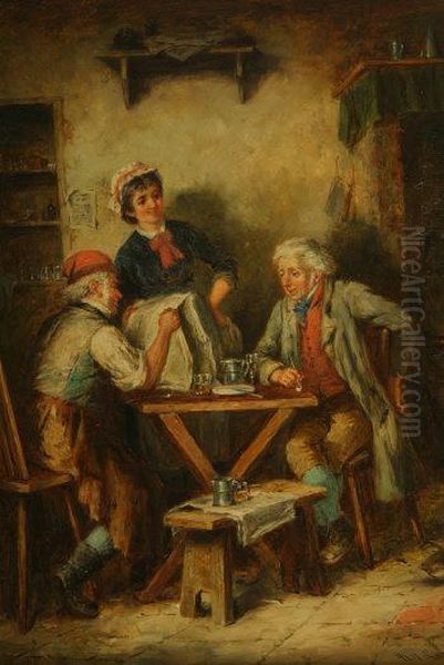 The Newspaper, Cottage Interior 
With Two Seated Figures, One Reading A Paper, A Wench Nearby, Signed 
Lower Right Oil Painting by Mark W. Langlois