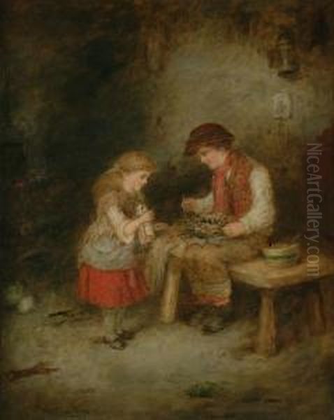 A Mother Seated Witha Nest Of 
Three Chicks On Her Lap, Watched By A Young Girl Holdinga Doll Oil Painting by Mark W. Langlois