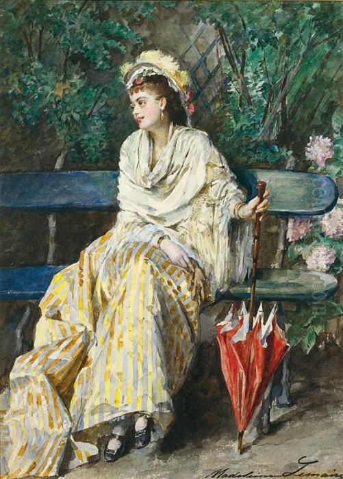 Jeune Elegante A L'ombrelle Assise Sur Un Banc. Oil Painting by Madeleine Jeanne Lemaire