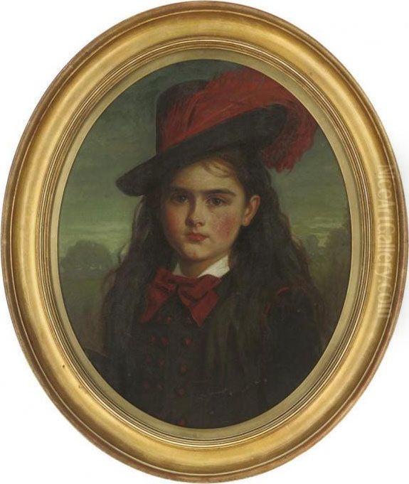 Portrait Of A Young Girl, 
Bust-length, In A Moave Coat And Hat With A Burgundy Feather, A 
Landscape Beyond Oil Painting by Charles Sillem Lidderdale