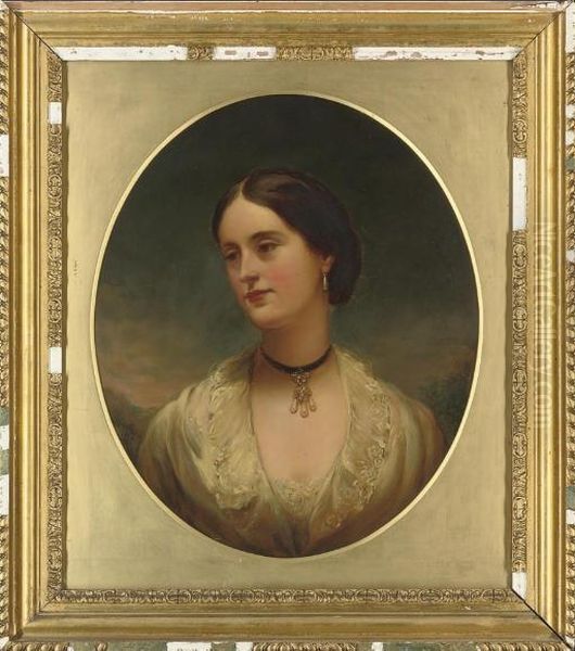 Portrait Of A Lady, Bust-length,
 In A Lace Chemise, With A Pearl And Diamond Choker, A Landscape Beyond,
 In A Painted Oval Oil Painting by Charles Sillem Lidderdale