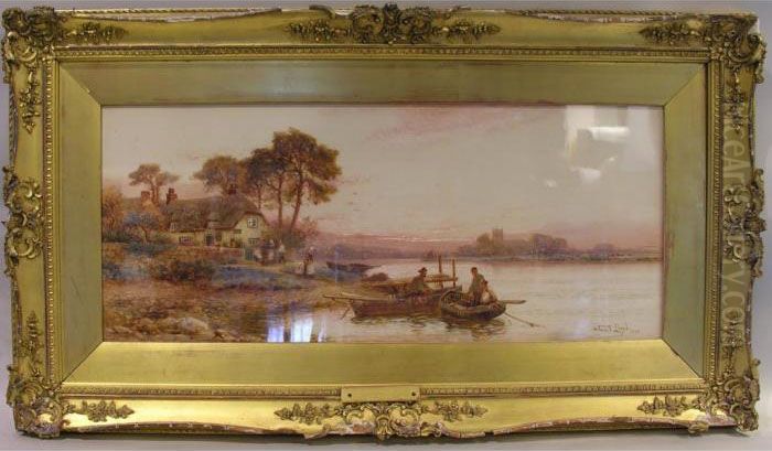 Lloyd, Edwardian Watercolour 
Thatchedcottages By Riverside, Signed And Dated 1908, 30x70cm Oil Painting by Walker Stuart Lloyd