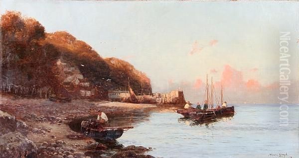 Shore Scene With Fishermen Tending Their Boats In A Calm Oil Painting by Walker Stuart Lloyd