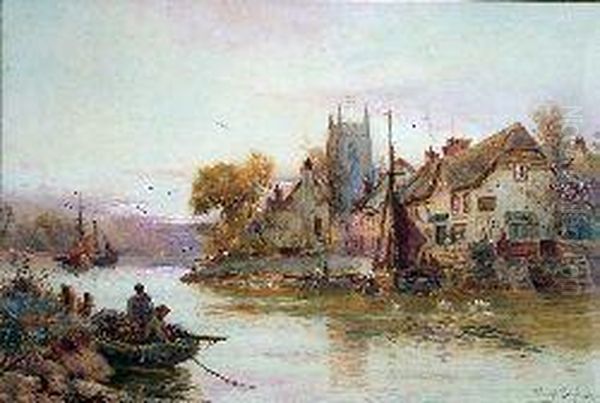 Fishing Boats By A Riverside Town Oil Painting by Walker Stuart Lloyd
