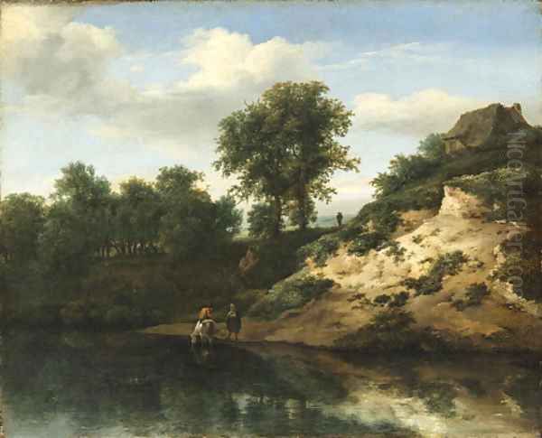 A wooded river landscape with figures conversing and a horse watering, a cottage on a hill beyond Oil Painting by Jan The Younger Vermeer Van Haarlem