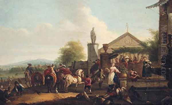 A hunting party halting by a fountain outside a villa Oil Painting by Carel van Falens or Valens