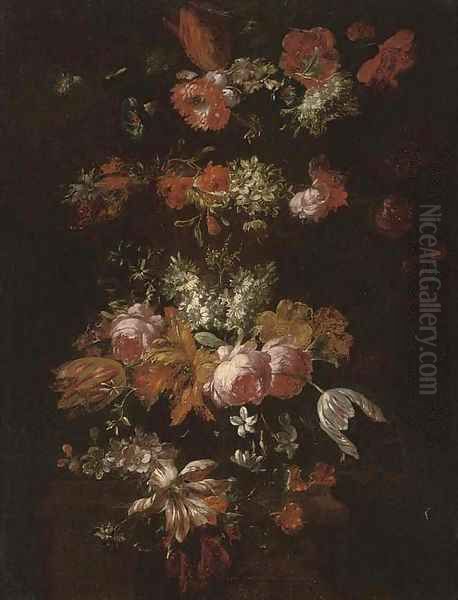 Roses, tulips, narcissi, morning glory and other flowers on a plinth Oil Painting by Caspar Pieter I Verbrugghen