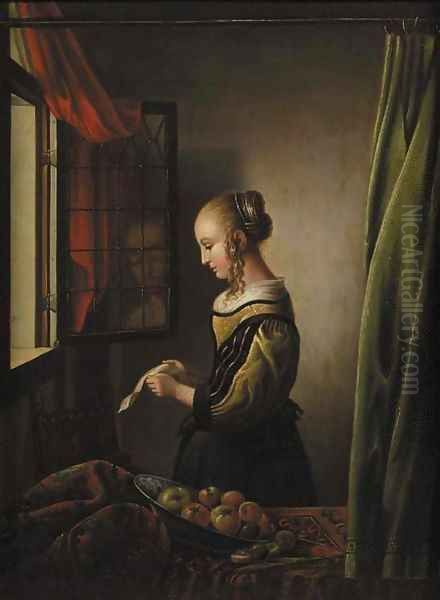 A girl reading a letter at an open window Oil Painting by Jan Vermeer Van Delft