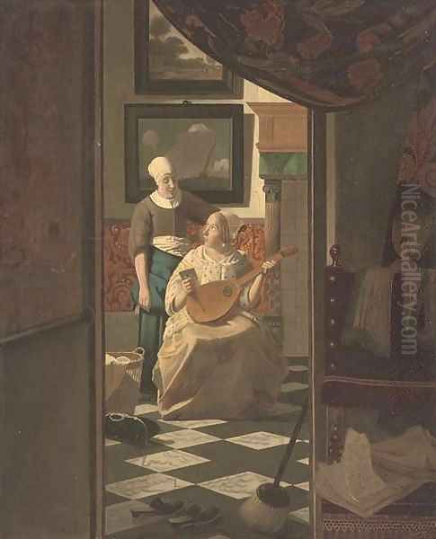 An elegant lady seated in an interior receiving a letter Oil Painting by Jan Vermeer Van Delft