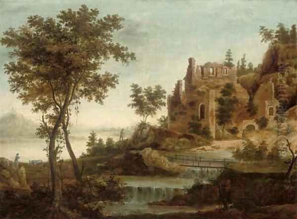 A river landscape with figures and ruins by a waterfall Oil Painting by Dirck Verhaert