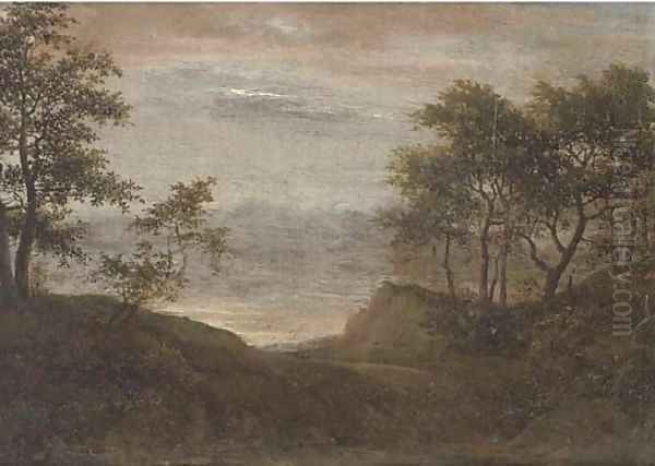 A wooded landscape with a path Oil Painting by Cornelis Hendricksz. The Younger Vroom