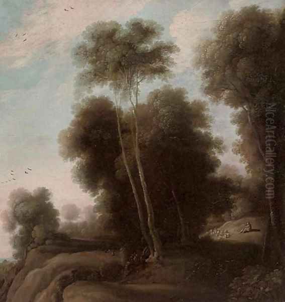 A wooded landscape with a shepherd and his flock on a track Oil Painting by Cornelis Hendricksz. The Younger Vroom