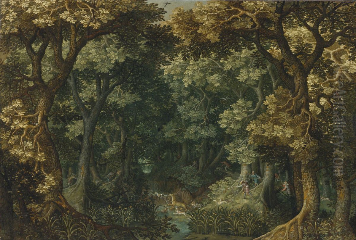 A wooded landscape with a stag hunt Oil Painting by David Vinckboons I