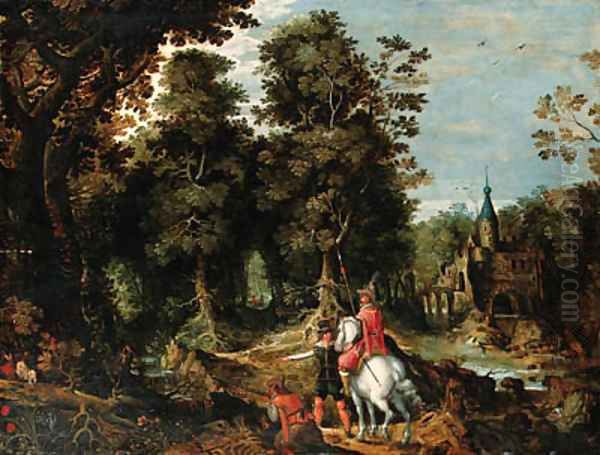 A wooded River Landscape with Sportsmen near a Castle Oil Painting by David Vinckboons I