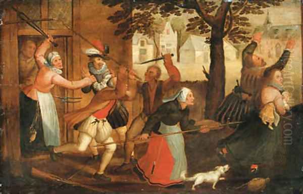 An innkeeper and his wife driving out a family Oil Painting by David Vinckboons I