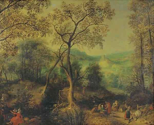 A wooded landscape with peasants returning from a market and an elegant couple making merry nearby Oil Painting by David Vinckboons I