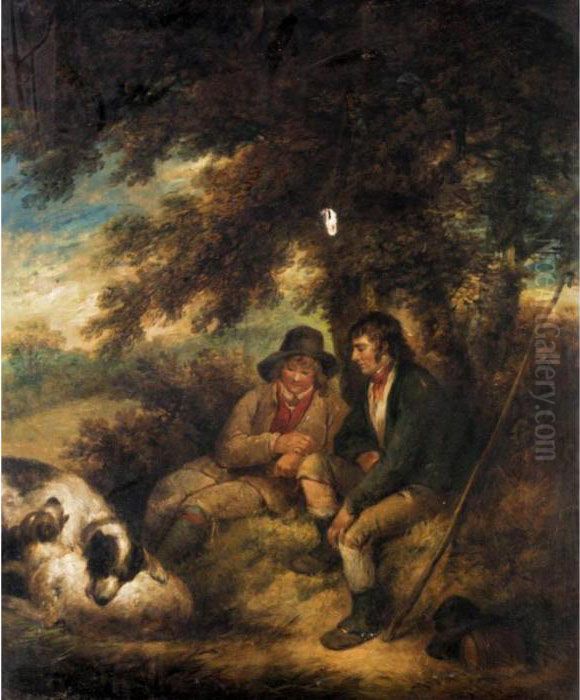 Two Shepherd Boys Underneath A Tree With Their Dogs Oil Painting by George Morland