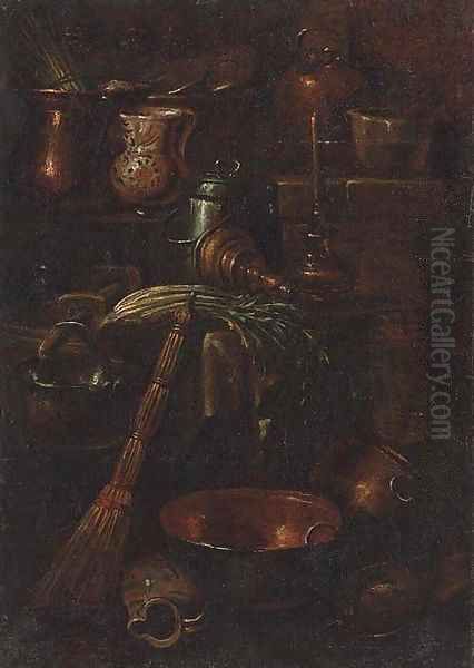 A bell, celery, ceramic pots and copper cooking vessels in a kitchen interior Oil Painting by Gian Domenico Valentino