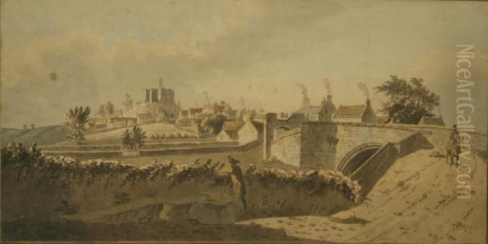 Warkworth - A View Of The Bridge With Castle Beyond Oil Painting by Nicholson, F.
