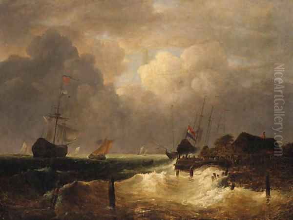 A coastal Landscape with Dutch Frigates in a Swell offshore Oil Painting by Simon De Vlieger
