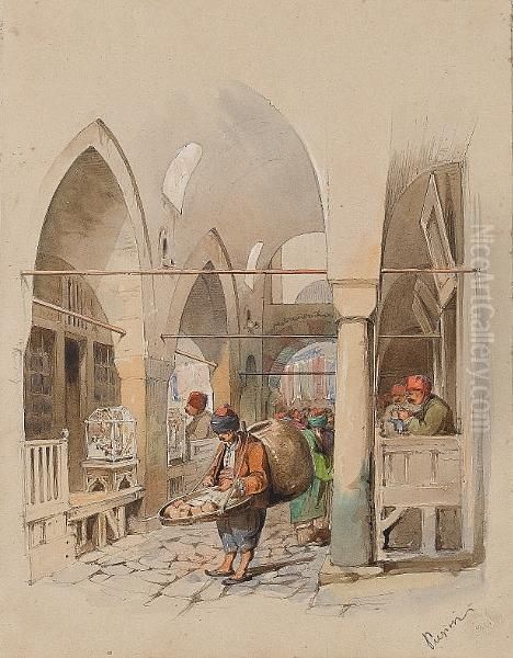 The Yoghurt Seller In 
Kapali Carsi Oil Painting by Amadeo Preziosi