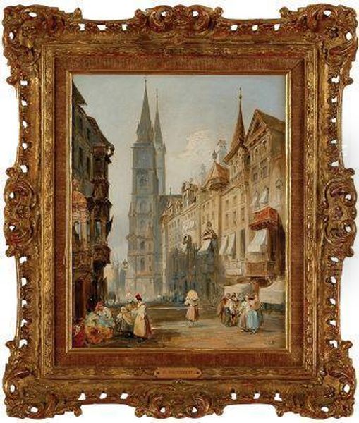 Escuela Inglesa.
Vista De Edificio Con Toldos Y Mercaderes. Oil Painting by Edward Pritchett