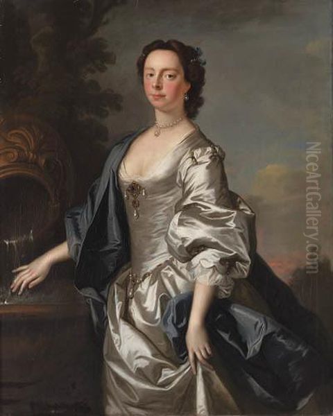 Portrait Of A Lady, Probably 
Elizabeth Morice, Mrs Humphry Hale,three-quarter-length, In An 
Oyster-satin Dress And A Blue Cloak,beside A Fountain, In A Landscape Oil Painting by Allan Ramsay