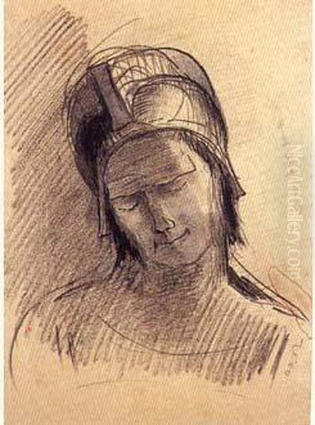 Tete De Personnage Casque Penche Vers La Droite, Les Yeux
 Clos Oil Painting by Odilon Redon