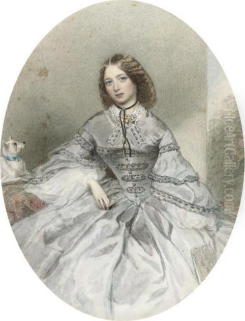 Portrait Of A Lady, 
Three-quarter-length, Seated, In Black Dress, Her Dog At Her Side 
(illustrated); And Portrait Of A Lady, Three-quarter-length, Seated, In 
White Dress, In An Interior Oil Painting by George Richmond