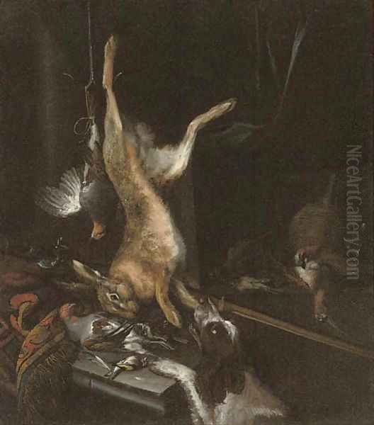 A game still life with a spaniel Oil Painting by Dirk Valkenburg