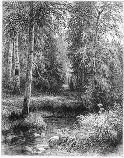Waldlandschaft Mit Kleinem 
Bachlauf. Radierung. 21,6 X 17 Cm. 1873. In Der Platte Signiert Und 
Datiert. Oil Painting by Ivan Shishkin