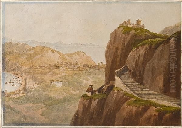View On The Island Of Capreae 
(capri) Looking To The Eastern Promontory And Into The Bay Of Salerno 
Together With Two Other Views Of Capri Oil Painting by John Warwick Smith