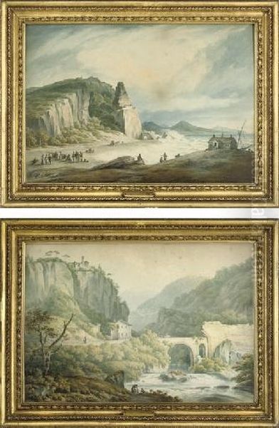 St. Cosimato And Remains Of The 
Claudian Aqueduct: Situated On The River Anio, 10 Miles Above Tivoli, In
 The Apennines
; And 
Port Of Terracina, And Ruins Of Anticul Anxur, Situated On The Confines 
Of The Roman Territories, Entering The Kingdom Of Oil Painting by John Warwick Smith