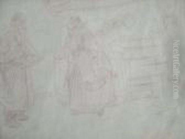 Attributed To Theophile Alexandre Steinlen, -- Scene In The Market; Red Crayon, 27x42cm Oil Painting by Theophile Alexandre Steinlen