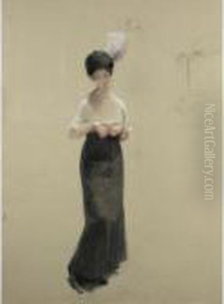 Jeune Femme En Chapeau A Plume 
 Young Woman In A Hat With A Feather Oil Painting by Theophile Alexandre Steinlen