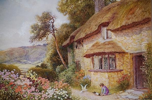 Young Girl Feeding Birds Outside Acottage Oil Painting by Arthur Claude Strachan