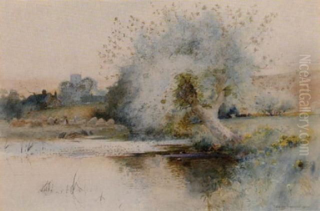 Haymaking By The Lake Oil Painting by Arthur Claude Strachan