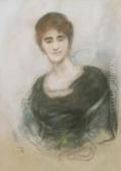 Brustbild Einer Braunhaarigen 
Dame In Schwarzem, Dekolletiertem Kleid Und Weisem Durchsichtigem Schal Oil Painting by Lesser Ury